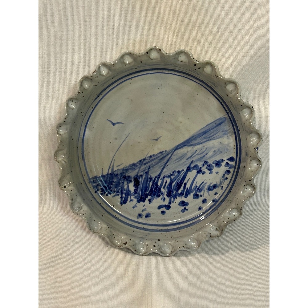 Handmade Studio Pottery Coastal Landscape Pie Dish Ruffled Rim Blue Gray 9 Inch